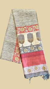 Grey Line Patterned with Multi Colored Floral Patterned Pallu Phulwari Silk Saree
